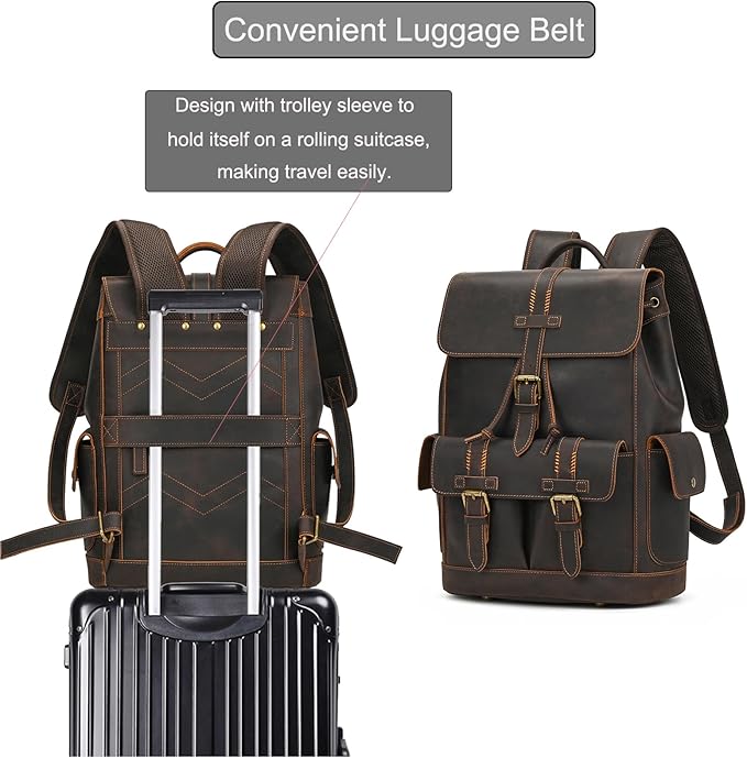 LUUFAN Genuine Leather Backpack for Men Casual Laptop Shoulder Bag Rucksack with Anti-Theft Pocket Travel Daypack, Dark Brown