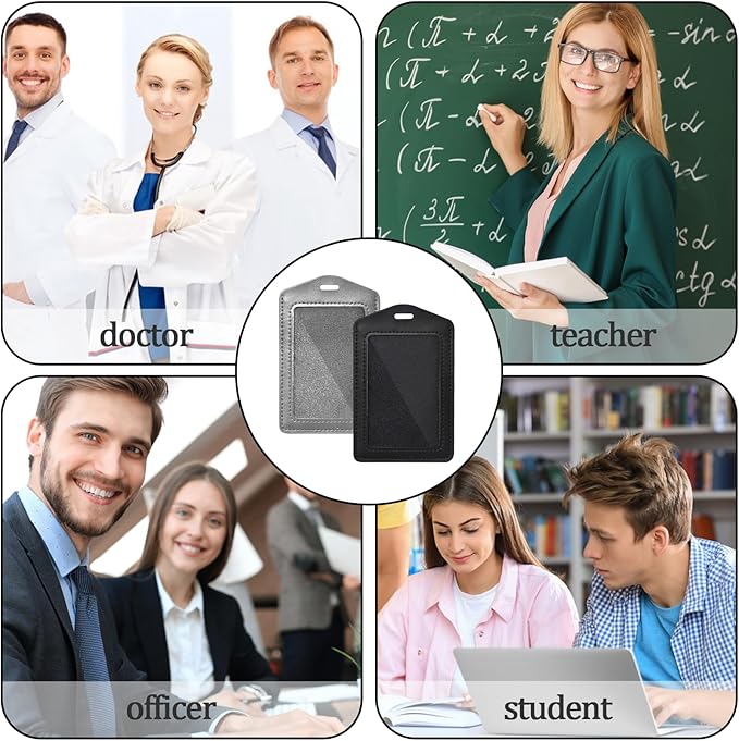 2 Pcs Genuine Leather ID Badge Holder Vertical Single-Side Clear Card Holder Waterproof Name Badge Holder for Office, Staff, Students, Employees (Black&Grey)