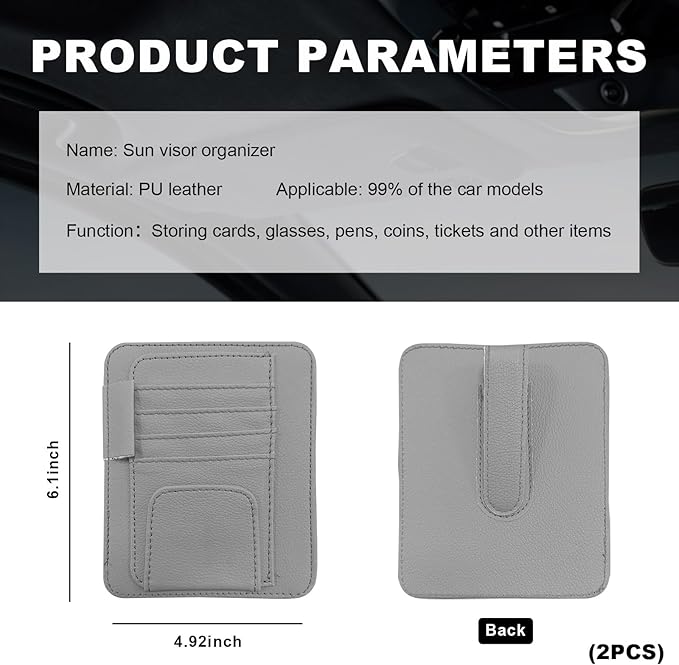 Dickno 2PCS Small Leather Car Sun Visor Organizer, Multifunctional Auto Visor Document Holder with Sunglasses Clip, Universal Car Interior Organizer for Drving License, Card, Pen (Gray)
