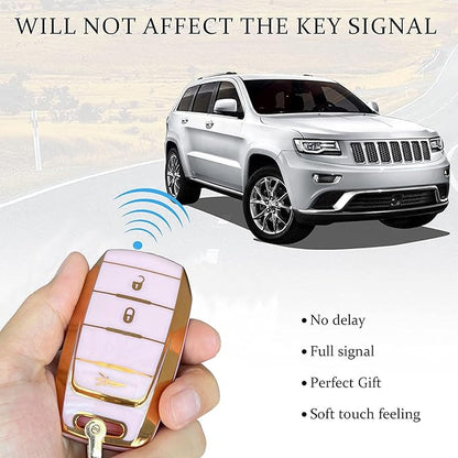 Key Protective Shell for RAM Key Fob Cover with Keychain Fit for RAM 1500 2500 3500 Smart Key Case Accessories (3-Button-Pink-Gold)