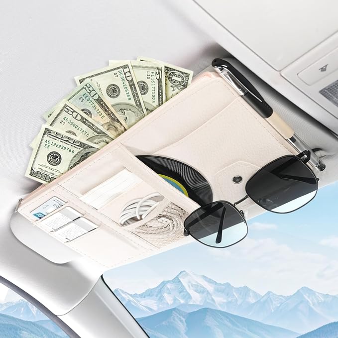 Amiss Car Sun Visor Organizer with Double Zippers, Multi-Pockets for Glasses, Pens, Cards & Documents, Universal Storage Pouch Fits Most Cars, SUVs and Trucks, Car Interior Accessories (Beige)