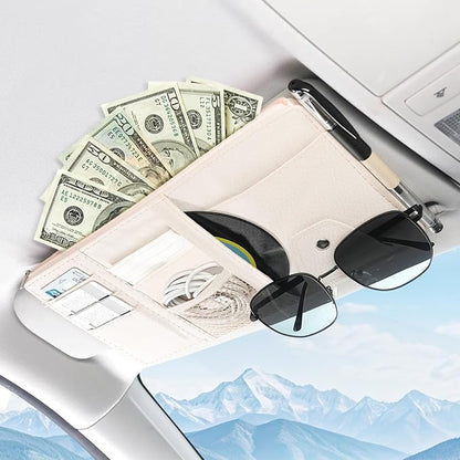 Amiss Car Sun Visor Organizer with Double Zippers, Multi-Pockets for Glasses, Pens, Cards & Documents, Universal Storage Pouch Fits Most Cars, SUVs and Trucks, Car Interior Accessories (Beige)