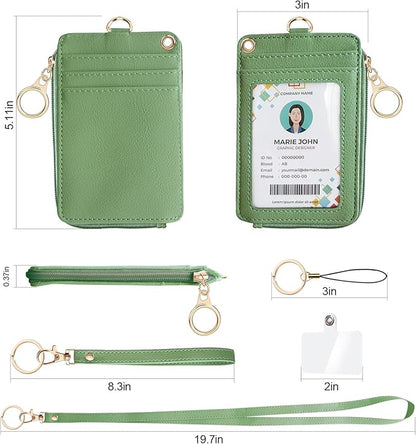 bolimoss 2-in-1 ID Badge Holder & Lanyard Wallet for Women Teacher, PU Leather ID Badge Wallet Case with Detachable Wristlet & Neck Lanyard, Clear Window, 5 Card Slots, 1 Side Zipper Pocket, Green