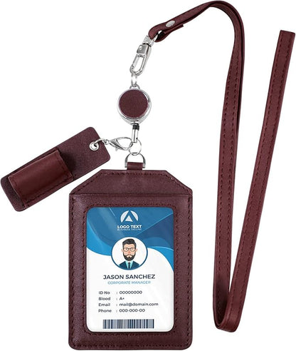 Office Badge Holder - Boshiho Genuine Leather Credit ID Card Holder with Stretch Neck Lanyard Vertical Style (Wine)