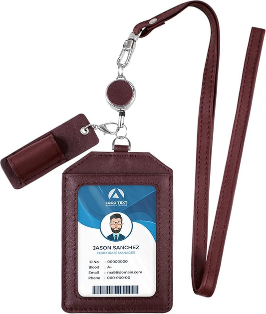 Office Badge Holder - Boshiho Genuine Leather Credit ID Card Holder with Stretch Neck Lanyard Vertical Style (Wine)
