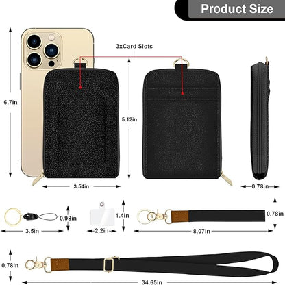 Black PU Leather ID Badge Holder with Lanyard with Keychain Phone Lanyard Wrist Strap, RFID Blocking for Office School Business Women