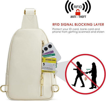 Kattee Sling Bag for Women, Leather Fanny Packs Crossbody Purse, Small Chest Bag with RFID Blocking, Beige