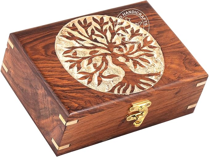 Rosewood Handmade Wooden Urn Tree of Life Engraving Handcarved Jewellery Box for Women-Men Jewel | Home Decor Accents | Decorative Boxes | Storage & Organiser (7" x 5.5" x 3.5", Tree - 2 White)