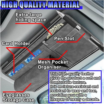 Car Sun Visor Organizer, Leather Multi-Pocket Glasses Card Holder with Zipper, Waterproof Scratch-Resistant Sunshade Storage Bag, Universal Auto Interior Accessory for Car/Truck/SUV (Grey)