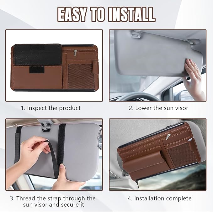 Hovom Car Visor Organizer, Leather Multi-Pocket Auto Sun Visor Storage Pouch with Sunglasses Holder, Card Holder, Zipper Pocket, Net Pocket, Pen Slot, Universal Interior Car Accessories (Brown)
