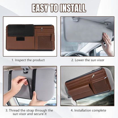 Hovom Car Visor Organizer, Leather Multi-Pocket Auto Sun Visor Storage Pouch with Sunglasses Holder, Card Holder, Zipper Pocket, Net Pocket, Pen Slot, Universal Interior Car Accessories (Brown)