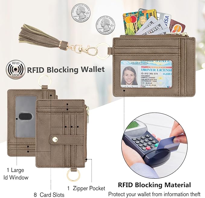 KNGITRYI Wallet Keychain Wristlet for Women,Slim RFID Credit Card Holder Purse Tassel Keychain Bangle Key Ring for Men Women