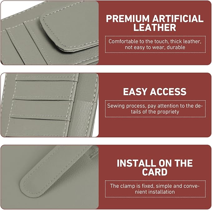 Small Leather Car Sun Visor Organizer, 4.9" x 6.1" Multifunctional Strap-On Document Sunshade Storage Holder for Card Pen Sunglasses License, Universal for Most Cars Trucks SUVs (Gray)