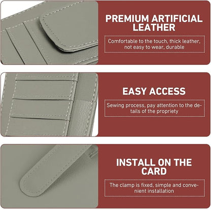 Small Leather Car Sun Visor Organizer, 4.9" x 6.1" Multifunctional Strap-On Document Sunshade Storage Holder for Card Pen Sunglasses License, Universal for Most Cars Trucks SUVs (Gray)