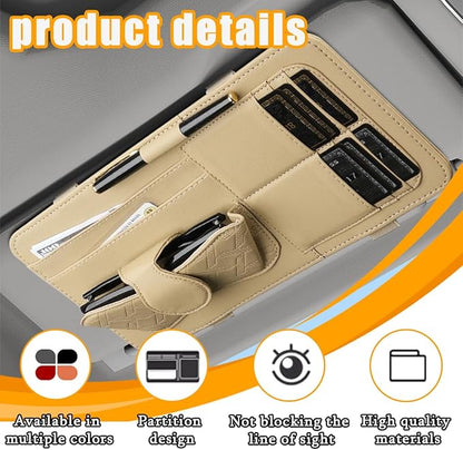 Car Sun Visor Organizer, Leather Multi Pocket Vehicle Visor Storage Pouch for Sunglasses Card License, Multifunctional Auto Interior Organization Accessories, Universal Fit (Beige)