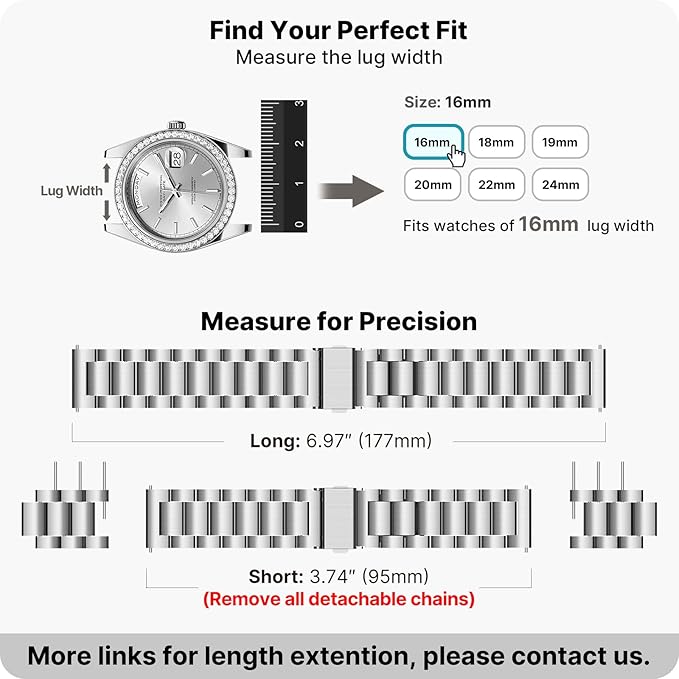 Fullmosa 16mm Stainless Steel Watch Band, Quick Release Metal Replacement Strap with Removable Links, Includes Spring Bars & Link Removal Tool for Men Women (Silver)
