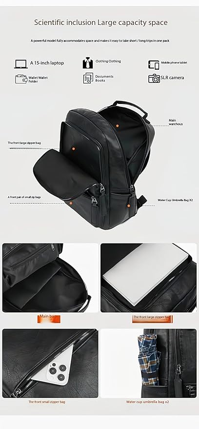 Unisex PU leather laptop bag work business bag hiking backpack leisure day bag university schoolbag (Large,Brown 2)