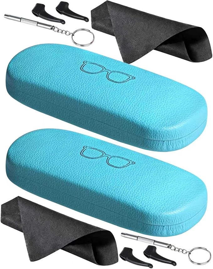 RayLove Glasses Case, 2 Pack Unisex Hard Shell Eyeglass Case PU Leather Hard Eyeglass Case with Eyewear Accessories