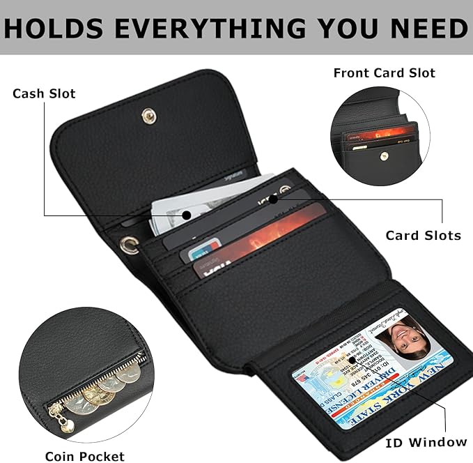 Women Small Wallet RFID Blocking Slim Wallet with Coin Pocket Tri-Fold Credit Card Holder with ID Window and Keychain (Black)