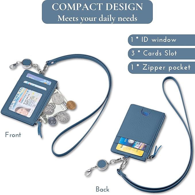 2-in-1 Leather ID Badge Holder with Wallet for Work, Multifunction ID Case with Credit Card Slots & Cash Coin Pocket, Slim Wallet with Lanyard for Women Men Nurse Teacher (Misty Blue)