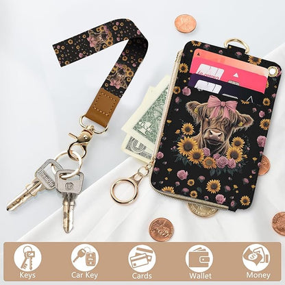 bolimoss Highland Cow RFID Badge Holder with Lanyard Wallet, Leather Sunflower Breakaway Lanyards for ID Holder with Wrist Strap, Small Id Case Wallet with Zipper Pocket for Nurse Teacher Student Work