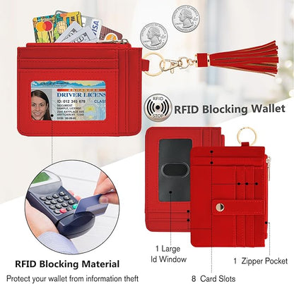 KNGITRYI Wallet Keychain Wristlet for Women,Slim RFID Credit Card Holder Purse Tassel Keychain Bangle Key Ring for Men Women