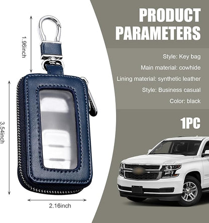 Leather Car Key Fob Case, 2.2" x 3.5" Car Key Fob Protective Cover with Zipper and Metal Hook, Double Layer Smart Remote Key Fob Case Holder, Universal Keychain Bag for Most Cars (Royal Blue)