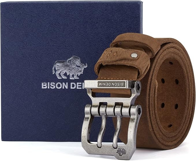BISON DENIM Men's Belts Leather Dress Genuine Leather Classic Heavy Duty Buckle Belt Casual for Jeans