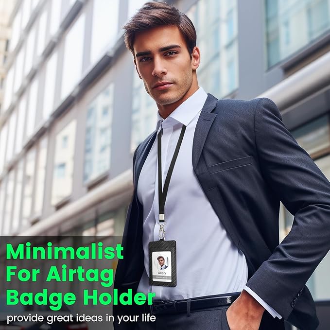 TALONITE Badge Holder for AirTag, PU Leather ID Badge Holder with 1 Clear ID Window & 2 Credit Card Slot & 1 Detachable Neck Lanyard