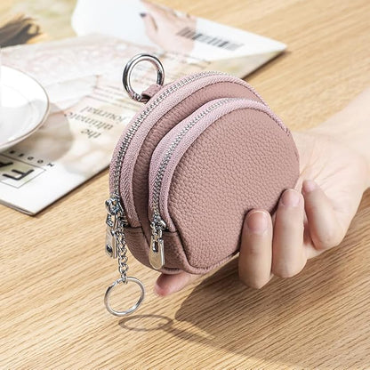 Genuine Leather Coin Purse with Keychain Clip Dual Zipper Mini Wallet Small Cute Pouch for Women & Men Compact Card Holder Wallet Key Holder (Ochre)