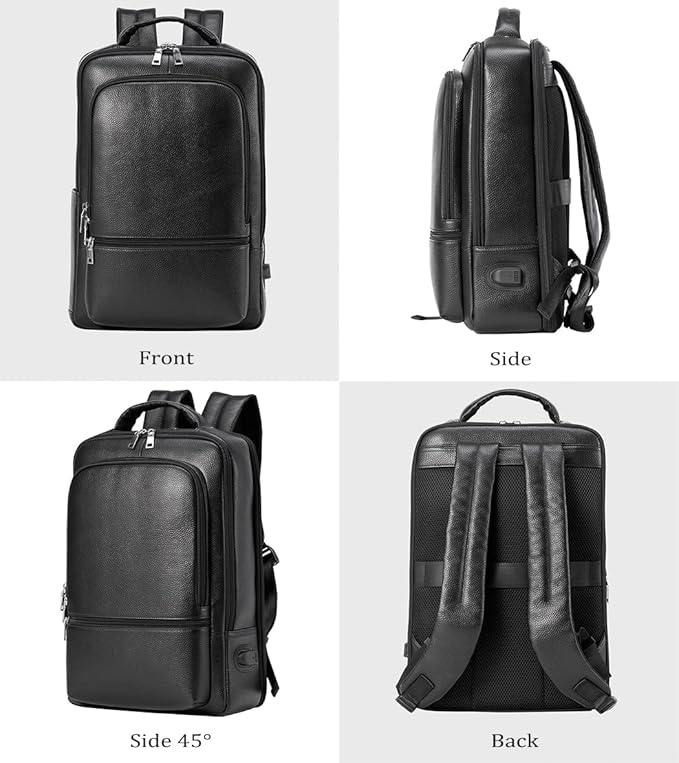 15.6 Inch Genuine Leather Laptop Backpack for Men Women, Business Travel Backpack Hiking Rucksack Daypack (4#Black)
