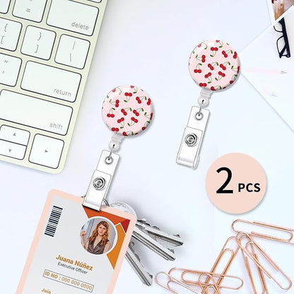 2 Pack Badge Reels Holder Retractable with ID Clip for Nurse Name Tag Card Nursing for Doctor Teacher Student Employee Office Medical Work (Cute Pink Cherry)