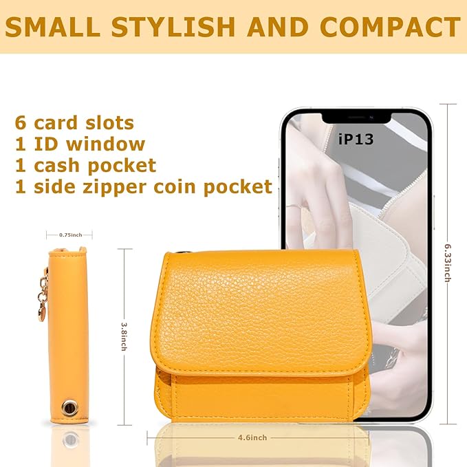 Women Small Wallet RFID Blocking Slim Wallet with Coin Pocket Tri-Fold Credit Card Holder with ID Window and Keychain(Light Yellow)