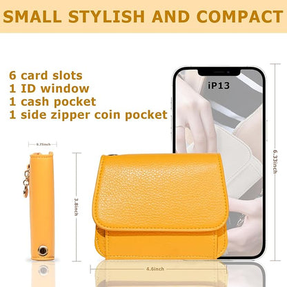 Women Small Wallet RFID Blocking Slim Wallet with Coin Pocket Tri-Fold Credit Card Holder with ID Window and Keychain(Light Yellow)