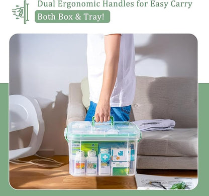 ANYPROLUS 2 Pack Clear Medicine Organizer Box with Handle, Plastic Medicine Container with Tray First Aid Box Empty, Thickened Medicine Storage Organizer Multipurpose Medication Organizer Storage