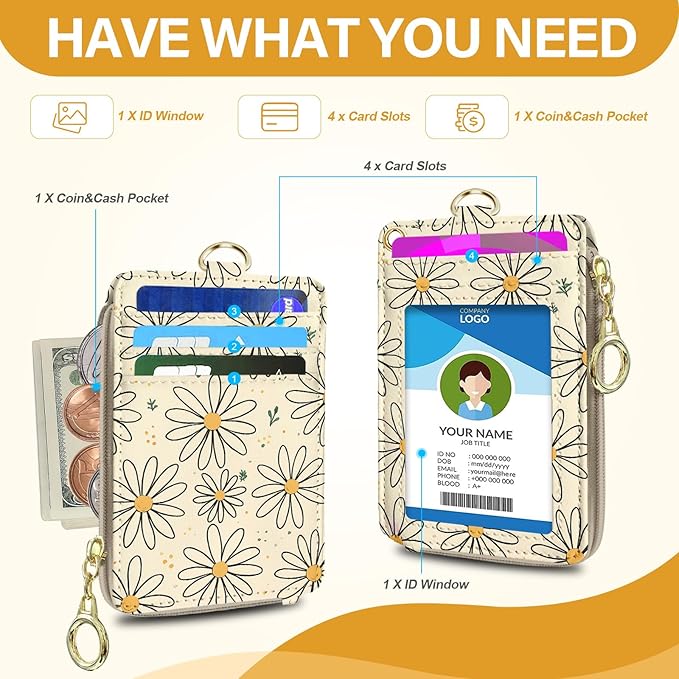 Flower Lanyard Wallet Women, Id Badge Holder with Neck & Wristlet Lanyard, Pu Leather Zipper Id Card Holder with Lanyard, Id Badge with RFID Keychain Wallet for Women Office Gifts