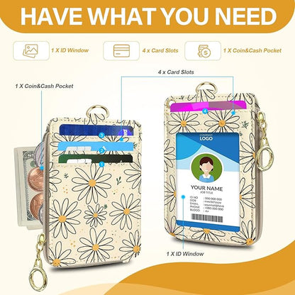 Flower Lanyard Wallet Women, Id Badge Holder with Neck & Wristlet Lanyard, Pu Leather Zipper Id Card Holder with Lanyard, Id Badge with RFID Keychain Wallet for Women Office Gifts