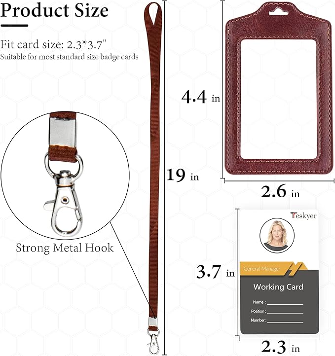 Teskyer 2 Pack of Double Sided Clear Badge Holder with Lanyard, PU Leather ID Badge Name Card Holder with Stainless Steel J-Hook Nylon Lanyard for Work ID, School ID, Metro Card, Access Card, Brown