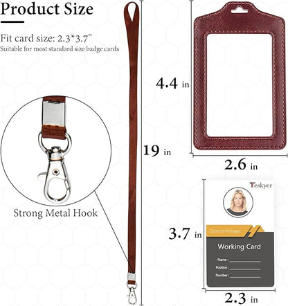 Teskyer 2 Pack of Double Sided Clear Badge Holder with Lanyard, PU Leather ID Badge Name Card Holder with Stainless Steel J-Hook Nylon Lanyard for Work ID, School ID, Metro Card, Access Card, Brown