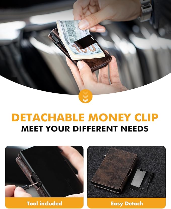 iwantit Slim Airtag Wallet for Men: Pop Up Bifold Wallet with Detachable Money Clip ID Window for Air Tag(1st & 2nd Generation) - RFID Blocking for 8-10 Cards Cash - Gift Box Included (Dark Brown)
