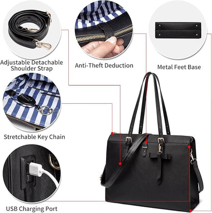 Keyli 4pc Sets Laptop Bag for Women Large Leather Laptop Briefcase with USB Charging Port Computer Shoulder tote Bags Purse