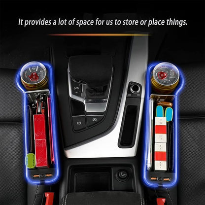 Car Seat Gap Filler Organizer, 2 Pack Multifunctional Car Seat Organizer, 7 Colours Changing LED Car Seat Seam Filler, Auto Console Side Storage Box with Cup Holders(BLACK)