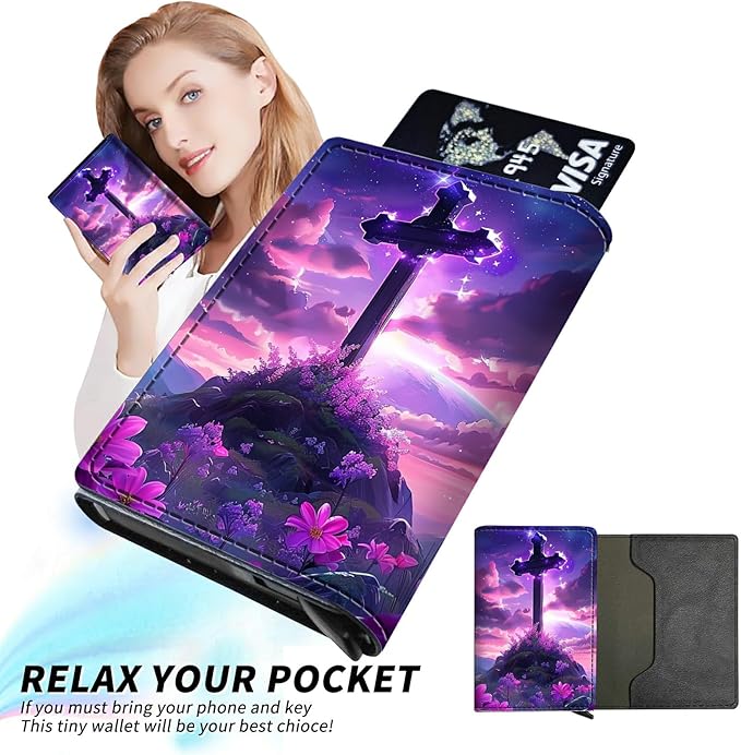 Flower Purple Minimalist Wallet for Men, Pop Up Card Case Wallet for Women, PU Leather Automatic Credit Card Holder Metal Money Clip Wallet RFID Blocking Bifold Pocket Wallet