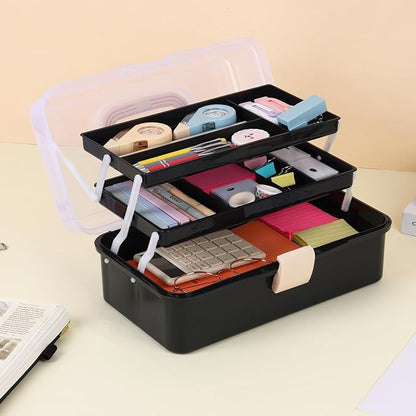 Craft Organizers, Tackle Box 3-Layer Portable Folding Toolbox, Plastic Tool Box with Handle for Sewing Supplies, Medicine, Art Supplies, Nails and Hair Accessories 12.5inch Black