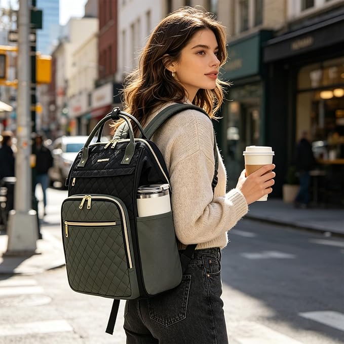 EMPSIGN 17 Inch Laptop Backpack for Women, Work Business Travel Computer College Bags, Large Capacity Water-repellent Quilted Casual Daypack, Black-Army Green