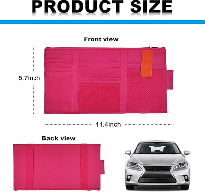 Car Sun Visor Organizer, Auto Interior Visor Storage Pouch Holder with Zipper, Multi-Pocket Net Personal Belonging Organizer, Universal Car Accessory for Cards, Documents (Rose Red)