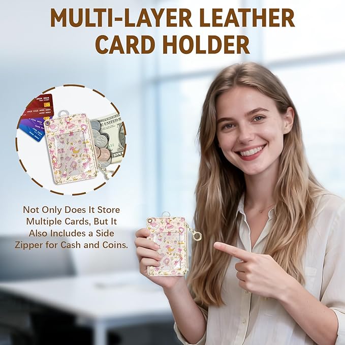 Cute Leather Badge Holder with Zipper Pocket, Goose Lanyards and 1 Zip Pocket and 4 Card Slots, Pink Bow Breakaway Lanyards with Metal Clasp for Offices, Staff, Adult, Employees