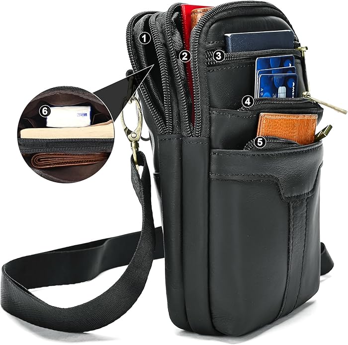 MASIWEI Real Leather Crossbody Bag for Men Women Hiking Small Purse Convertible Belt Loop Shoulder Bag for Phone Passport