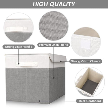 Bagnizer Large 17" 42 Quarts Collapsible Stackable Storage Bins with Lids [3-Pack] Foldable Fabric Linen Storage Boxes Cube, Closet Organizer Baskets with Label (16.7 x 12 x 12, Gray & White)