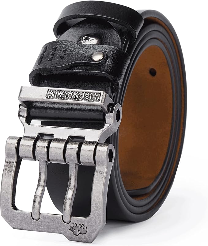 BISON DENIM Men's Belts Leather Dress Genuine Leather Classic Heavy Duty Buckle Belt Casual for Jeans